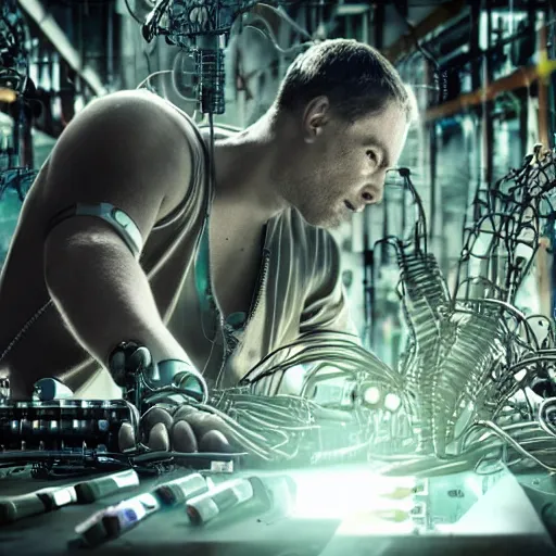 Image similar to a man trapped in a cyborg repair factory, being dissembled by robotic arms, all around are body parts, circuit boards, wires, biomech,, panavision