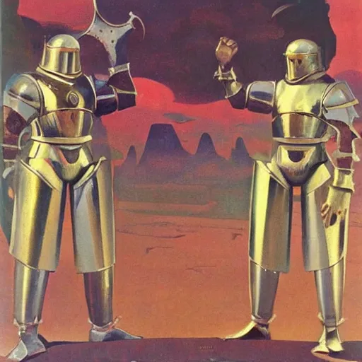 Image similar to a painting of shining metal medieval armors soldiers by bruce pennington nicholas roerich, by frank frazetta, by amazon, by georgia o keeffe, reflective metallic