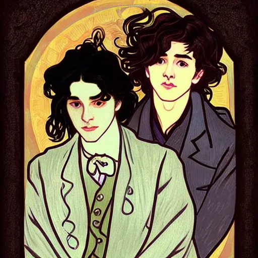 Image similar to painting of young cute handsome beautiful dark medium wavy hair man in his 2 0 s named shadow taehyung and cute handsome beautiful min - jun together at the graveyard party, ghostly, haunted gravestones, ghosts, autumn! colors, elegant, wearing suits!, clothes!, stylish, delicate facial features, art by alphonse mucha, vincent van gogh, egon schiele