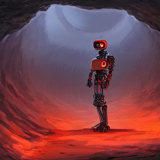 Image similar to a robot exploring hell, digital art, extremely detailed