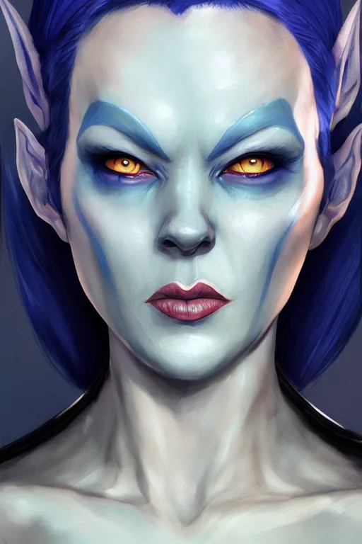 Image similar to shirley ann manson as a blue skinned tiefling, d & d, fantasy, portrait, highly detailed, headshot, digital painting, trending on artstation, concept art, sharp focus, illustration, art by artgerm and greg rutkowski and magali villeneuve