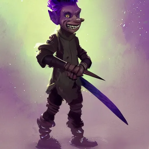 Prompt: male goblin youth adventurer with purple skin, by Ismail Inceoglu, wearing leather adventuring clothes, shabby, short, kid, bald, wielding knife, happy grin, character portrait closeup, digital art, dungeons and dragon, character