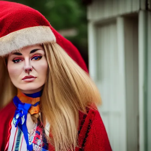 Prompt: an extremely beautiful!!!! young blonde woman with symmetric face. sensual. wearing traditional greenlandic national dress. in front of her house. petzval lens. shallow depth of field. on flickr, award winning. ethnographic portraiture photograph