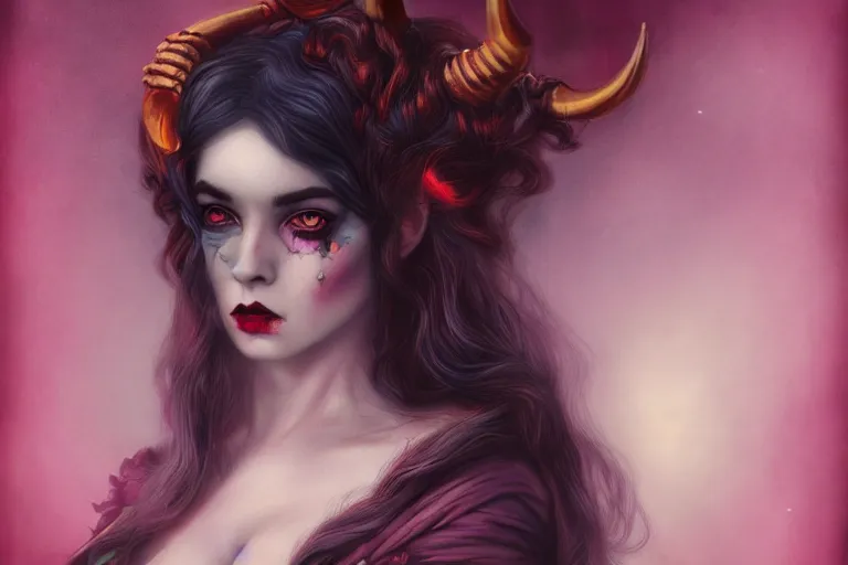 Prompt: pretty demon girl with horns photograph in the style of tom bagshaw, colorful, realistic, 8 k