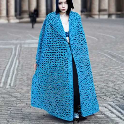 Image similar to fashion 2 0 5 0 fantastic openwork long coat with intricate pattern on a beautiful symmetrical girl with blue hair, hyper realistic photos
