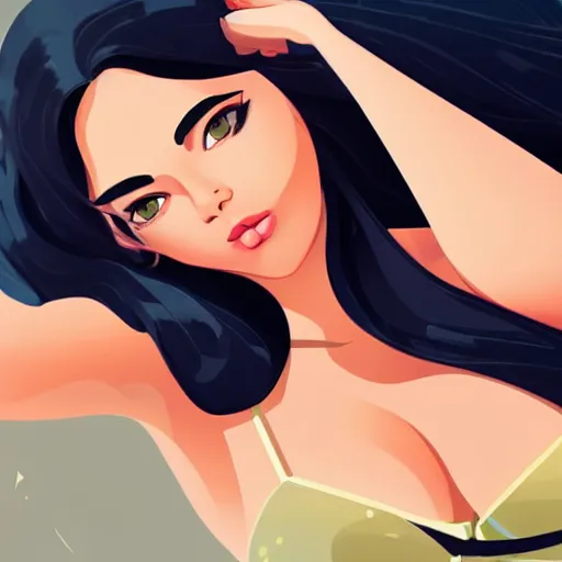 Image similar to beautiful curvy woman with long black hair, tanned skin, taking a selfie. clean cel shaded vector art. shutterstock. behance hd by lois van baarle, artgerm, helen huang, by makoto shinkai and ilya kuvshinov, rossdraws, illustration,