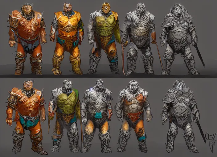 Image similar to three different views of orcs in armour, colourful digital concept art by senior character artist, trending on artstation, artstation hd, full body, ultra - realistic! intricate!