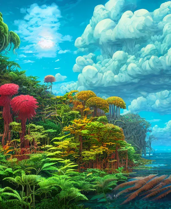 Prompt: an enormous schoolhouse made from exotic fungus, overgrown with weird huge colorful ferns, on the ocean, noon, sun drenched, partly cloudy, by dan mumford, yusuke murata, makoto shinkai, ross tran, cinematic, unreal engine, cel shaded, featured on artstation, pixiv