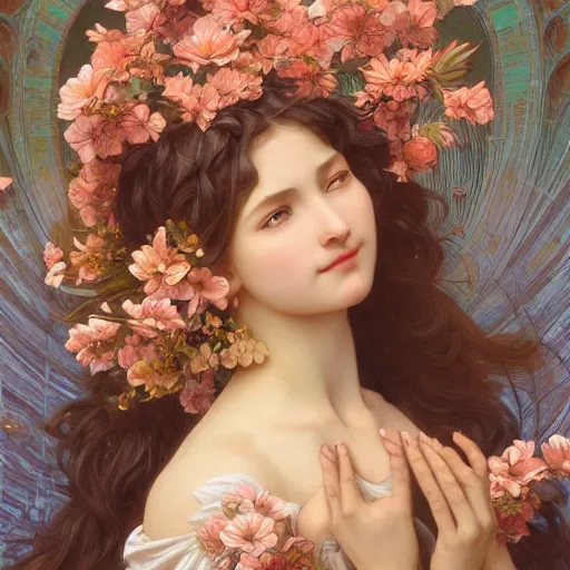 Prompt: a flower goddess, intricate, elegant, highly detailed, digital painting, artstation, concept art, smooth, sharp focus, illustration, art by artgerm and greg rutkowski and alphonse mucha and william - adolphe bouguereau and stephanie law