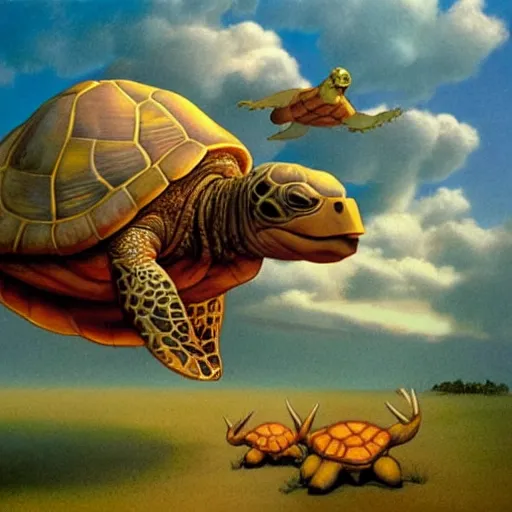 Image similar to a turtle wearing a cow head, surrealism, painting by boris vallejo and michael whelan