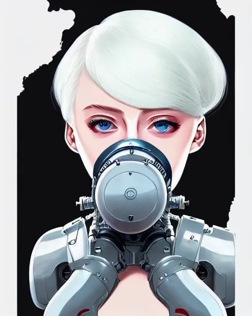 Image similar to white haired cyborg sophie turner wears octopus!!! shaped gas mask, fine detail!! anime!! realistic shaded lighting!! poster by ilya kuvshinov katsuhiro otomo ghost in the shell, rutkowski giger villeneuve artgerm garmash and rob rey