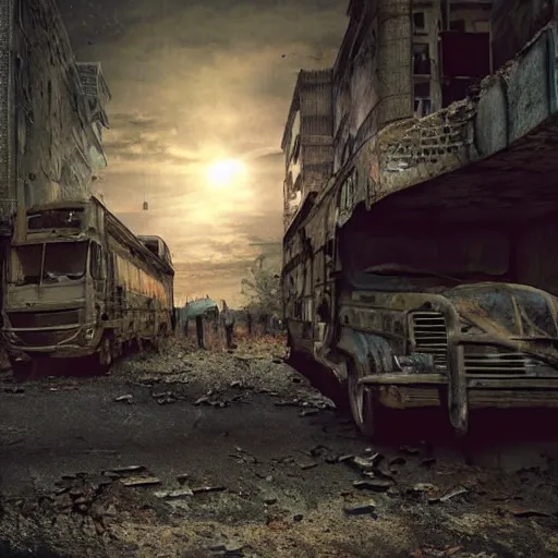 Prompt: scenes from a post - apocalyptic zombie novel, realistic, cinematic light, high quality, realistic