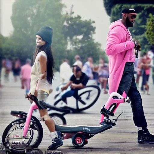 Image similar to paparazzi photo of Lebron James on a pink scooter in a skatepark, ultra high definition, professional photography, dynamic shot, smiling, high angle view, portrait, Cinematic focus, Polaroid photo, vintage, neutral colors, soft lights, foggy, by Steve Hanks, by Serov Valentin, by lisa yuskavage, by Andrei Tarkovsky 8k render, detailed, oil on canvas