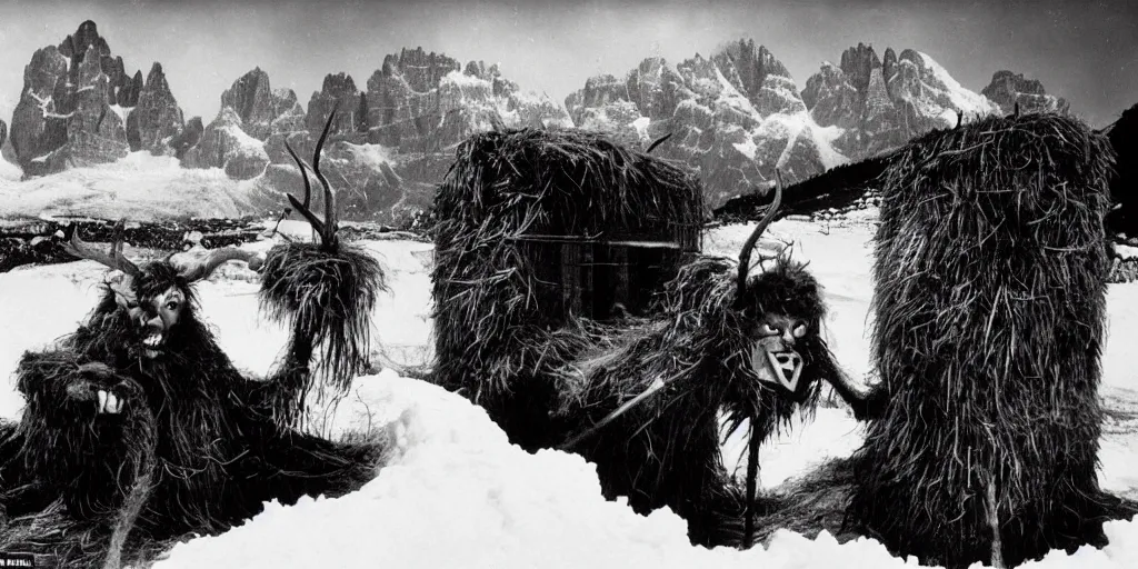 Image similar to 1 9 2 0 s photography of krampus hay monster burning on a pyre, submerged in snow, alpine huts and dolomites in background