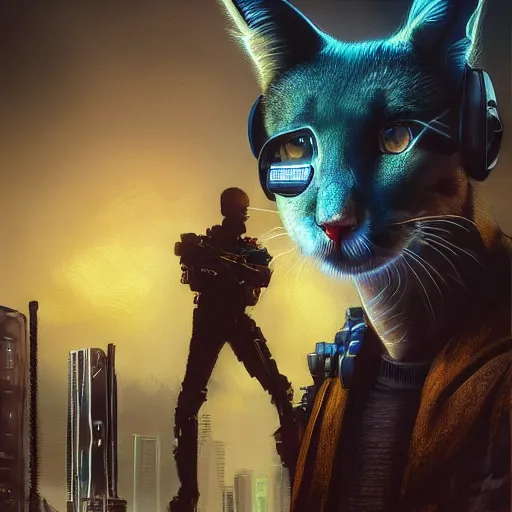 Image similar to cyberpunk, armitage, closeup portrait of a cute fluffy caracal and light blue eyes, brown buzzcut, cyborg, dramatic light, city background, sunset, dystopian setting, high contrast, sharp, neuromancer, painted by stanley lau, painted by greg rutkowski, painted by stanley artgerm, digital art, trending on artstation