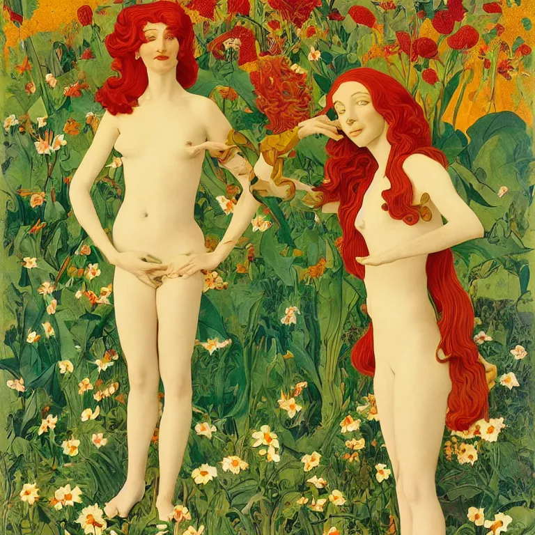 Prompt: Red-haired girl, androgynous appearance, standing in flowers, golden background Stanisław Szukalski and Roger Dean