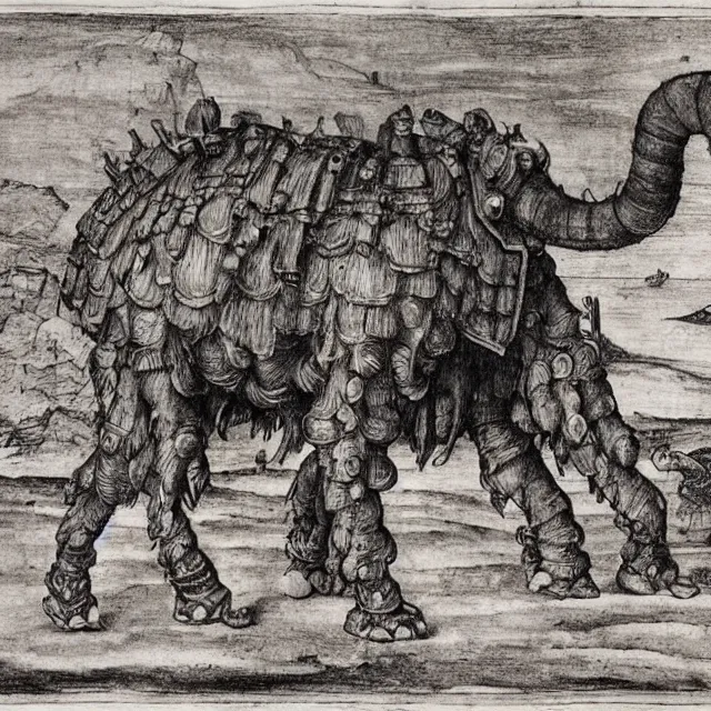 Image similar to a detailed, intricate drawing of a heavily armored mammoth on a beach, by albrecht durer