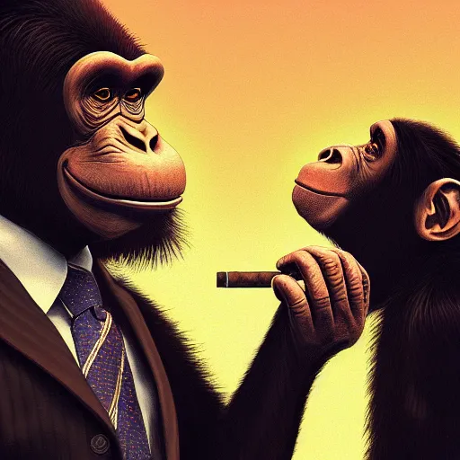 Image similar to a chimp wearing a suit smoking a cigar, dramatic lighting, cinematic, establishing shot, extremly high detail, photorealistic, cinematic lighting, artstation, style by James Gurney