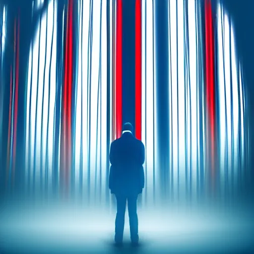 Image similar to symmetrical blue and red, mysterious man looking at a distant machine in fog