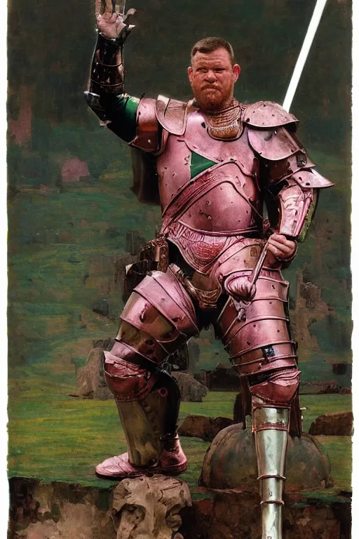 Image similar to head and torso portrait of jocko willink as huge warrior wearing plate armour and cape, dynamic action, pink and green, by lawrence alma tadema and zdzislaw beksinski and norman rockwell and tom lovell and greg staples and john william waterhouse