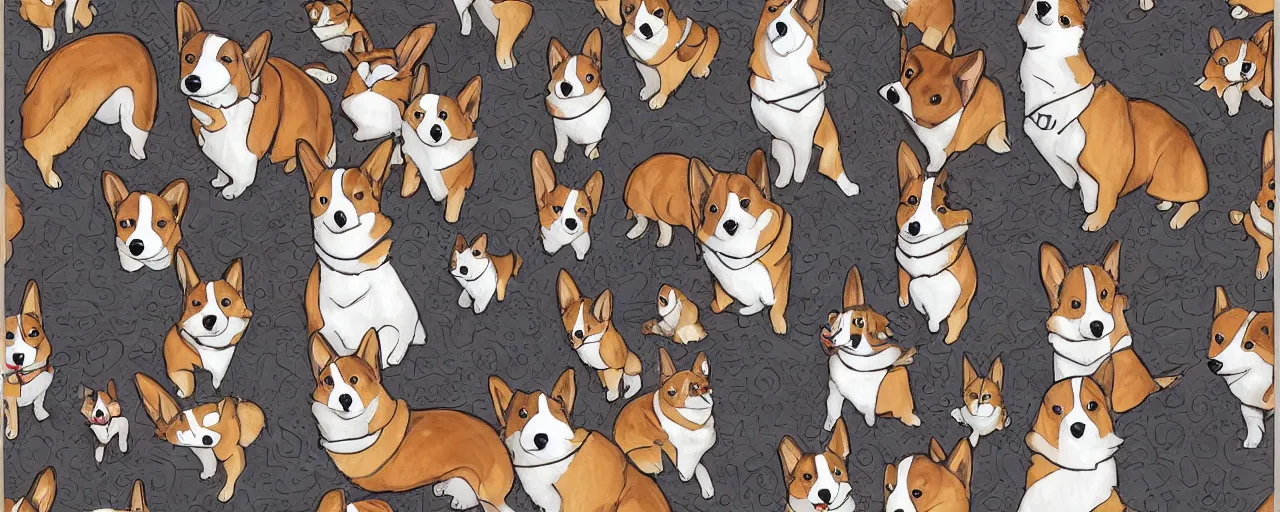 Image similar to huge mechanical corgis in the artstyle of bakaarts