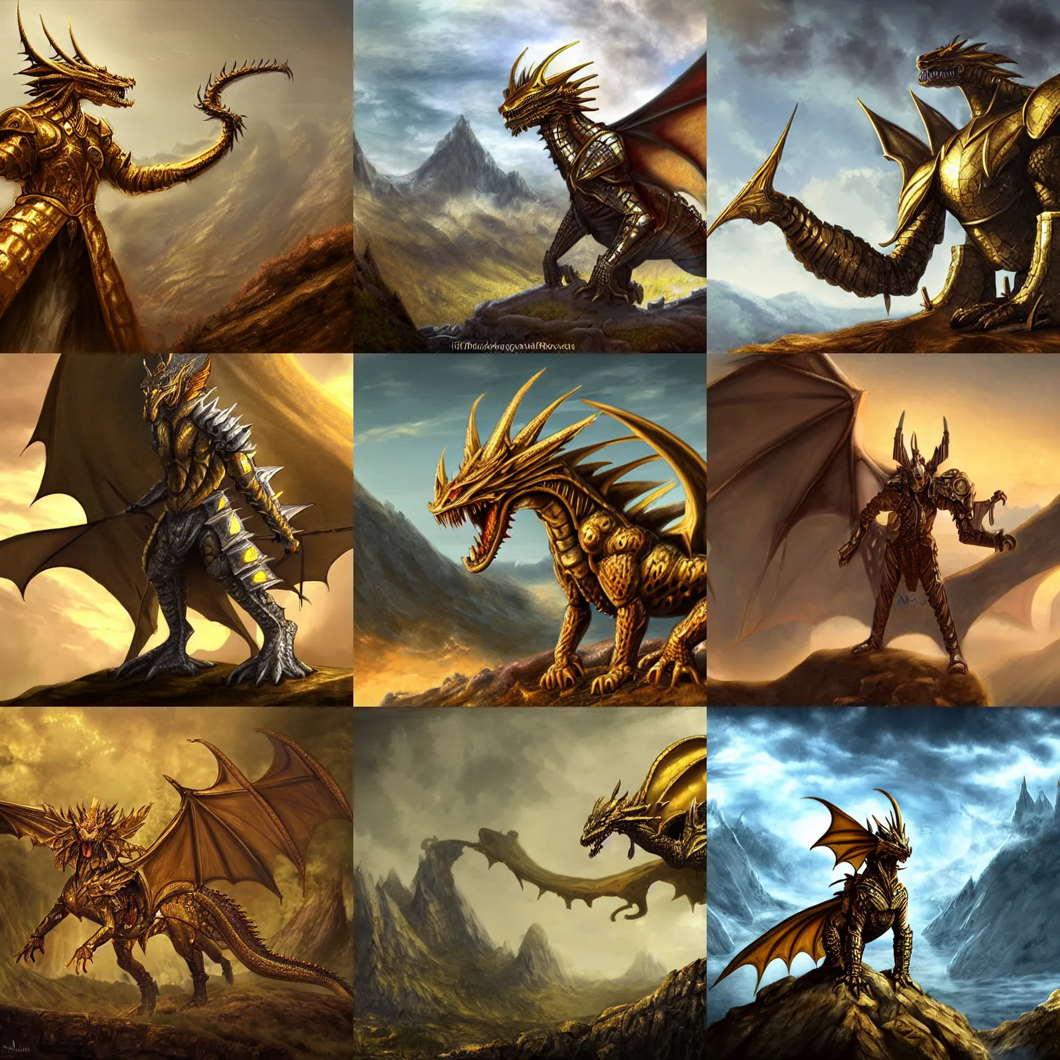 Prompt: an anthropomorph dragon armored with golden medieval armor on top of a mountain, digital art, fantasy art, matte painting