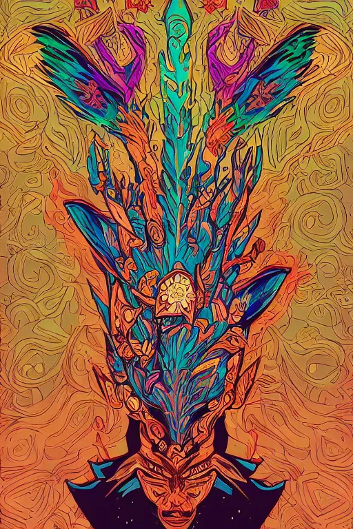 Image similar to animal mask totem roots flower tribal feather gemstone plant wood rock shaman vodoo video game vector cutout illustration vivid multicolor borderlands comics by josan gonzales and dan mumford radiating a glowing aura