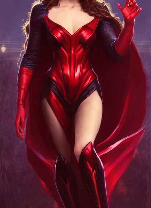 Image similar to Scarlet Witch as Lucifer morningstar, portrait, full body, hyper realistic, trending on artstation, art by ArtGerm and Alphonse Mucha and J. C. Leyendecker and Edmund Bliar Leighton and Charlie Bowater, unreal engine render, octane render