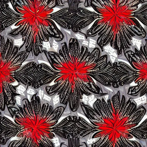 Image similar to detailed and dense concept art deco pattern of black and red blend of flowers and diamonds, bizarre compositions, exquisite detail