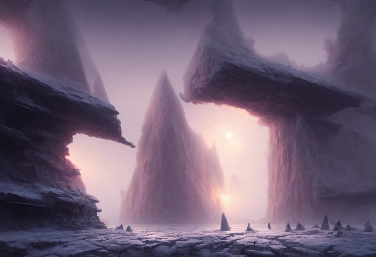 Prompt: strange surface of another frozen winter planet at sunset ruins of ancient civilization at sea, ultra high definition, ultra detailed, symmetry, fog, matte painting, by greg rutkowski and ross tran and wlop