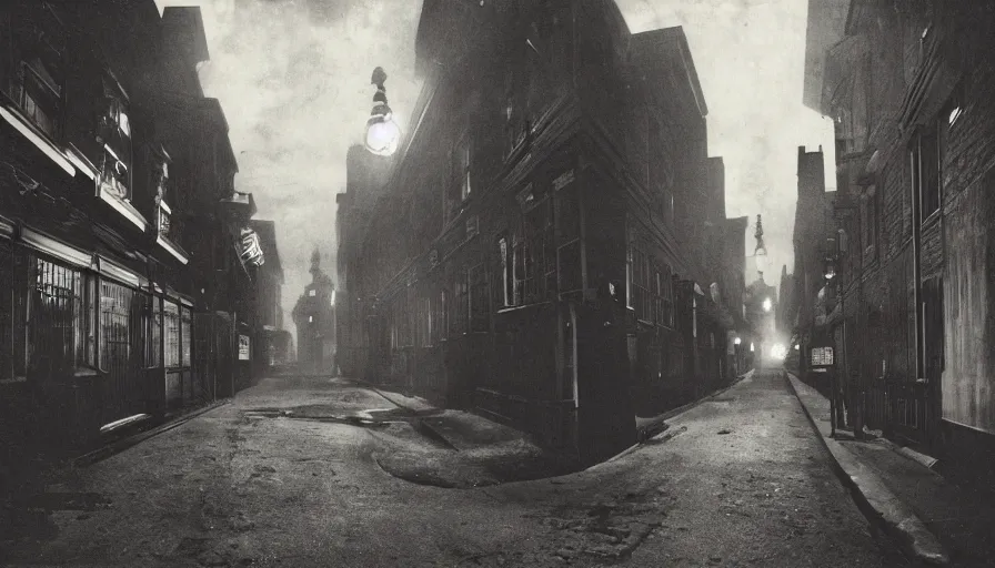 Image similar to photo of 19th century dark noir streets of Arkham by Diane Arbus and Louis Daguerre