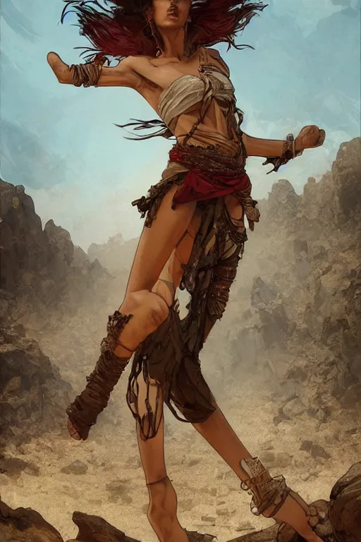 Image similar to a full body portrait of a beautiful post apocalyptic offworld desert bedouin thief savage rogue in beggars clothes in ballet pose by the emerald oasis pools, intricate, elegant, highly detailed, digital painting, artstation, concept art, smooth, sharp focus, illustration, art by krenz cushart and artem demura and alphonse mucha