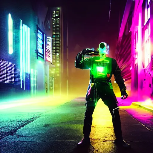 Prompt: cyberpunk man with laser gun stands in a dark alleyway and shoots a robot, amazing, foggy, beautiful, neon lights