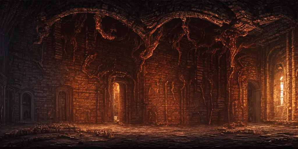 Image similar to a cosmic horror monster inside of a medieval brick castle, matte oil painting, concept art, lovecraftian, extremely detailed, trauma, cinematic, award - winning, 4 k, 8 k