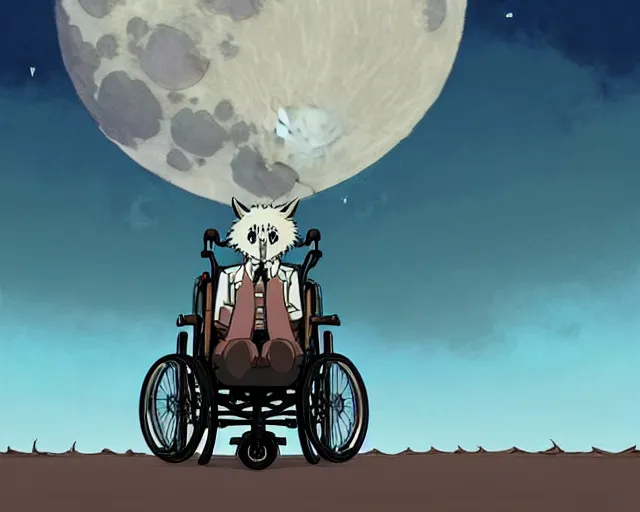 Prompt: a cell shaded cartoon grey lovecraftian wolfman in a wheelchair from howl's moving castle ( 2 0 0 4 ), with a big head, on a desert road, wide shot, in front of a big moon, muted colors, post grunge, studio ghibli, james jean, victor ngai, hq, deviantart, art by artgem