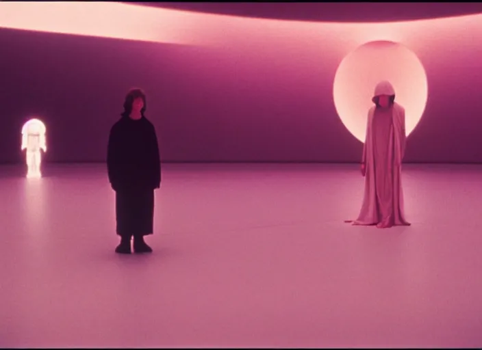 Image similar to Luke skywalker kneels before a strange star wars alien jedi oracle, a mystic with infinite knowledge of time. a strange ethereal foggy pink land. still from the 1983 film space odyssey directed by Stanley Kubrick, symmetrical framing, anamorphic, Photographed with Leica Summilux-M 24 mm lens, kodak stock, ISO 100, f/8, Portra 400