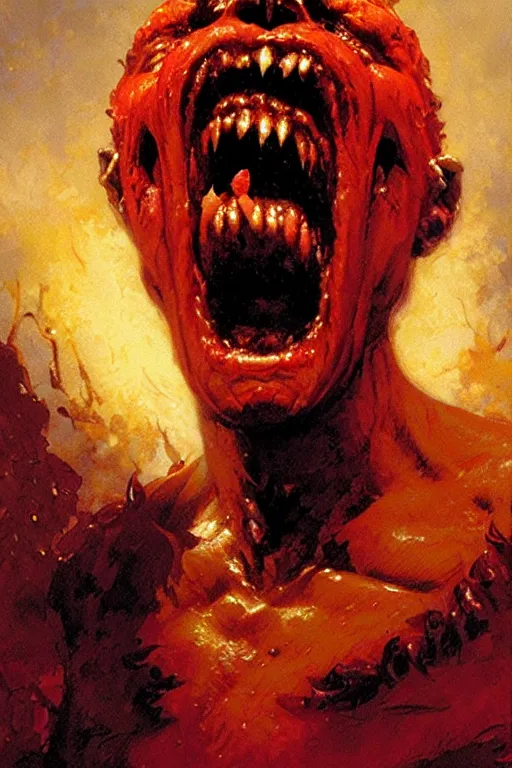 Prompt: red skinned hell demon screaming with joy eating baked beans portrait dnd, painting by gaston bussiere, craig mullins, greg rutkowski, yoji shinkawa