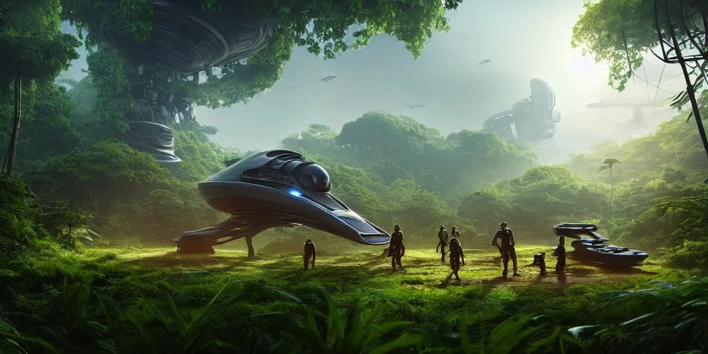 Image similar to a huge futuristic rusty old alien spaceship, next to it a smaller exploration ship on a landing pad, surrounded by a lush alen jungle, in the foreground two explorers are arguing and small animals! are walking around, dawn, volumetric light, hyperdetailed, artstation, cgsociety, 8k