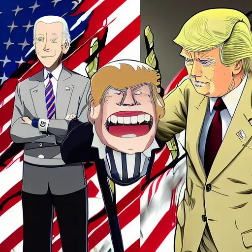 Prompt: joe biden and donald trump as anime characters from attack on titan fighting each other with swords