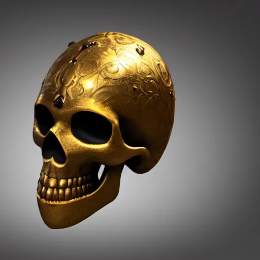 Prompt: specialized medieval helmet with fine engraved details made of gold in the shape of a skull with glowing red eyes, high quality 3D render, concept art, 4K, UHD, High quality, Trending on Artstation HQ
