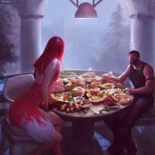 Image similar to A table-spread of amazing food hot and fresh, huggy wuggy from poppy playtime video game, fullbody, ultra high detailed, oil painting, Greg Rutkowski, Charlie Bowater, Yuumei, Yanjun Cheng, unreal 5, DAZ, hyperrealistic, octane render, RPG portrait, dynamic lighting, fantasy art, beautiful face