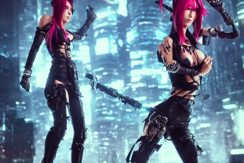 Image similar to Cyberpunk themed Katarina from League of Legends, detailed body and face accurate anatomy, in the style of Z.W. Gu from trending on artstation, HD, Octane render, smooth, sharp focus, Anime style