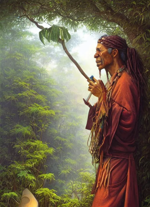 Image similar to a beautiful painting of a shaman in the jungle sniffing tobacco snuff, art by christophe vacher