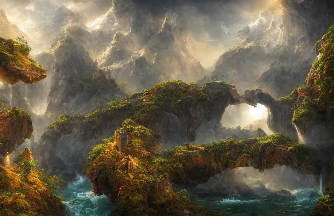 Image similar to a huge arc far away in the style of hans - werner sahm, detailed dreamscape, hyperreal phantastic, intricate details in environment, golden ratio, high aestehtic, waterfalls and lakes, cinematic light dramatic light, lightrays, flying birds in distance, trending on artstation