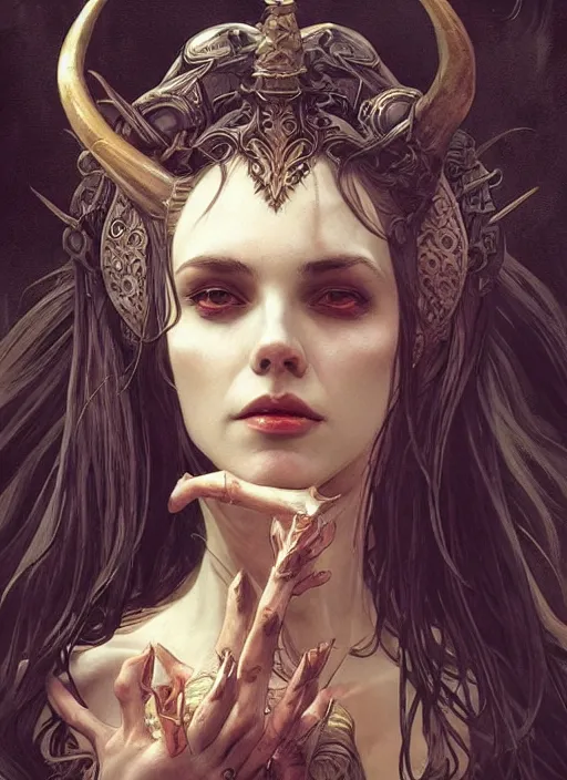 Image similar to a beautiful illustration of a satanic witch with horns in head, intricate, sharp focus, illustration, highly detailed, digital painting, concept art, matte, art by wlop and artgerm and greg rutkowski and alphonse mucha, masterpiece