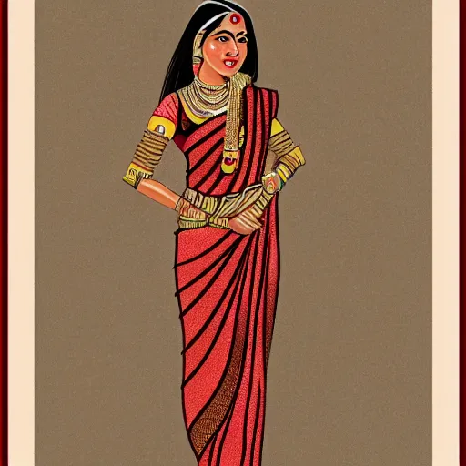 Image similar to line art of a women from maharashtra in saree from 2 0 th century extremely detailed, intricate