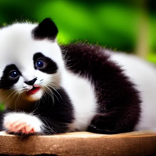 Image similar to cute kitten with cat body and panda face, eats bambus, highly detailed, sharp focus, photo taken by nikon, 4 k