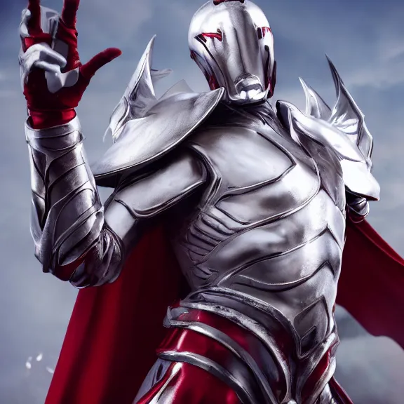 Image similar to cinematic full body shot of a male angel flying, white metallic armor, red cape, elegant pose, detailed arms, detailed white armor, two arms, two legs, detailed fanart, macro art, realistic digital art, DeviantArt, artstation, 3D realistic, 8k HD, octane render