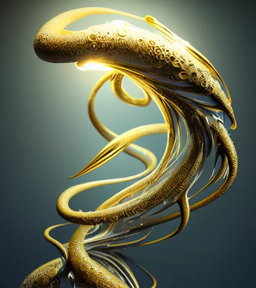 Image similar to abstract organic ornament in fluid creature, white and gold biomechanic plastic, glow lighting, fantasy, intricate, elegant, highly detailed, lifelike, photorealistic, octane render, 3d, concept art, smooth, sharp focus,