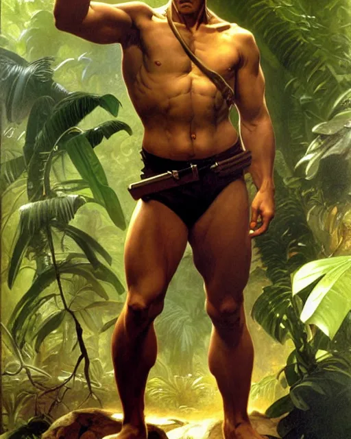 Prompt: doc savage in the jungle, fantasy character portrait, ultra realistic, concept art, intricate details, highly detailed by william adolphe bouguereau james bama, and frank frazetta